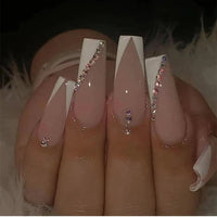 24pcs False Nails with glue flower design Long Coffin French Ballerina Fake Nails Full Cover acrylic Nail