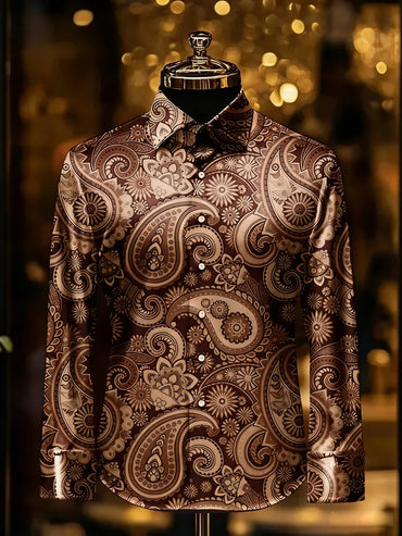 Men's retro gorgeous long-sleeved shirt gold pattern 3D printed shirt Hawaiian vacation wedding party shirt quick-drying for You