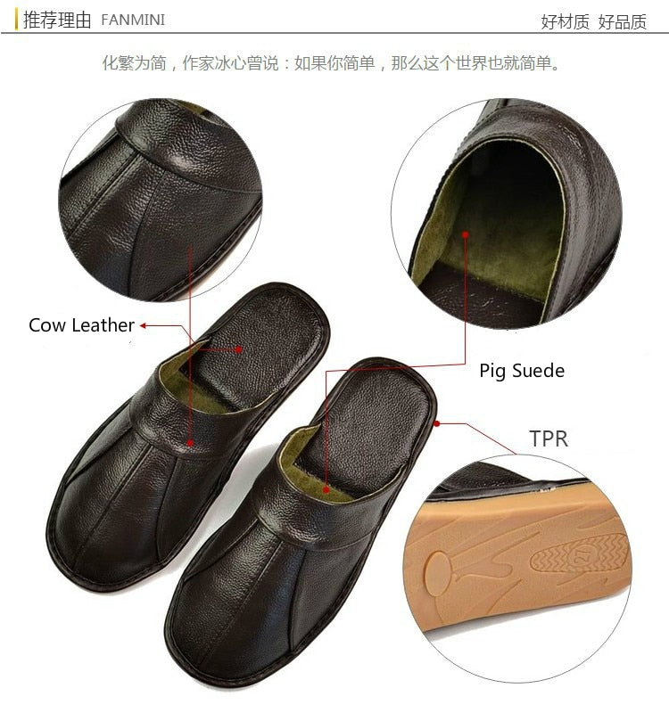 Luxury Cow Split Leather Handmade Men Home Slippers Spring Slip On Soft Comfortable Black Brown Bedroom Indoor Flat Men Shoes