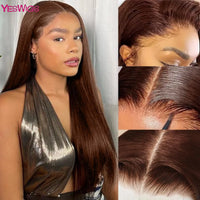 36 Inch Bone Straight Chocolate Brown 13x6 Lace Frontal Wigs 100% Brazilian Virgin Hair Pre Plucked Glueless Wigs Human Hair Wig