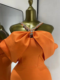 Women Luxury Orange Crystal Halter Off Shoulder Long Bandage Dress One Piece Celebrity Evening Club Party Dresses Wholesale