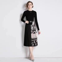 Autumn Winter Elegant Knitted Patchwork Gradient Print Pleated Dress Women Long Sleeve Office One-Piece Sweater Dress With Belt