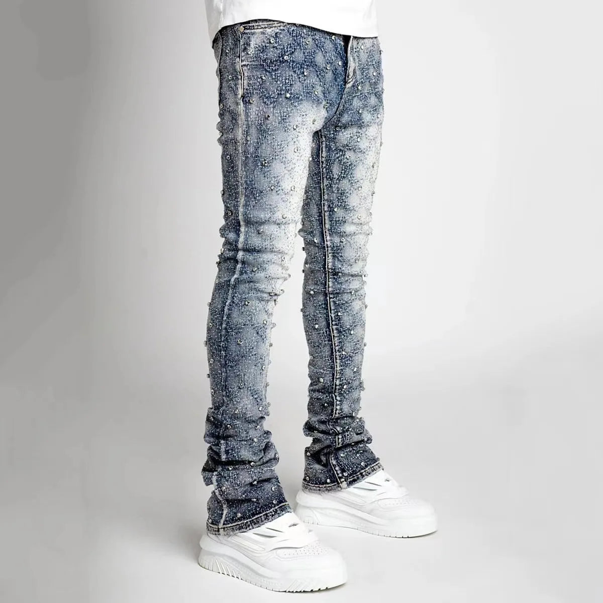 Stretchy Personality Stacked Denim Pants 2024 New Fashion Pearls Fashion Rhinestone European Street Skinny Jeans For Men