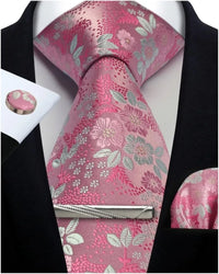 Mens Tie Set Silk Silver Paisley Floral Necktie and Pocket Square Cufflinks Tie Clip Classic Formal Ties for Men Wedding Party