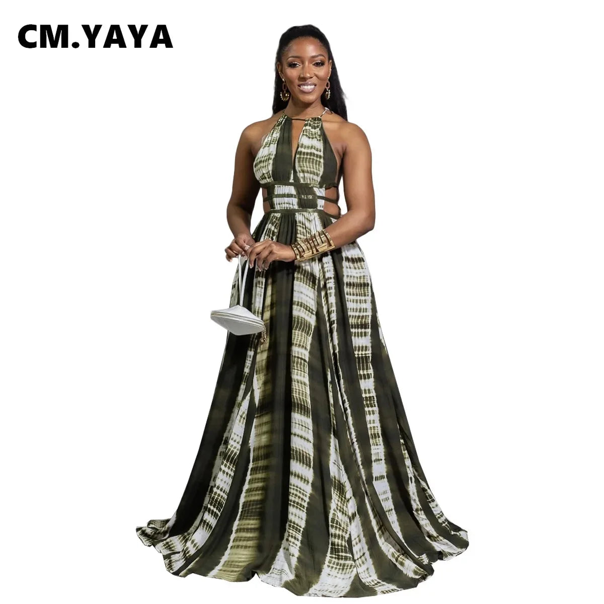 CM.YAYA Party Dress Women Print Sleeveless Halter Back Bandage Hollow Out Floor-length Dress Office Lady Elegant Dress Summer