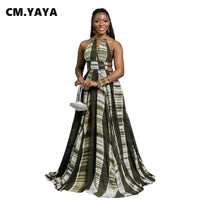 CM.YAYA Party Dress Women Print Sleeveless Halter Back Bandage Hollow Out Floor-length Dress Office Lady Elegant Dress Summer