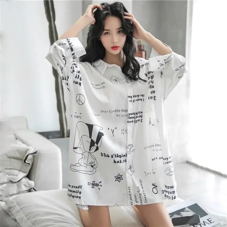 Spring Clothing White Printed Loose Pattern Women's Shirts and Blouses Top for Woman Long Sleeve Cute Elegant Tunic 2025 Novelty