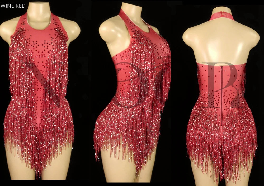 Sparkly Rhinestones Fringes Leotard Women Nightclub Party Outfit Dance Costume One-piece Stage Wear Sexy Performance Bodysuit