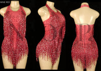 Sparkly Rhinestones Fringes Leotard Women Nightclub Party Outfit Dance Costume One-piece Stage Wear Sexy Performance Bodysuit