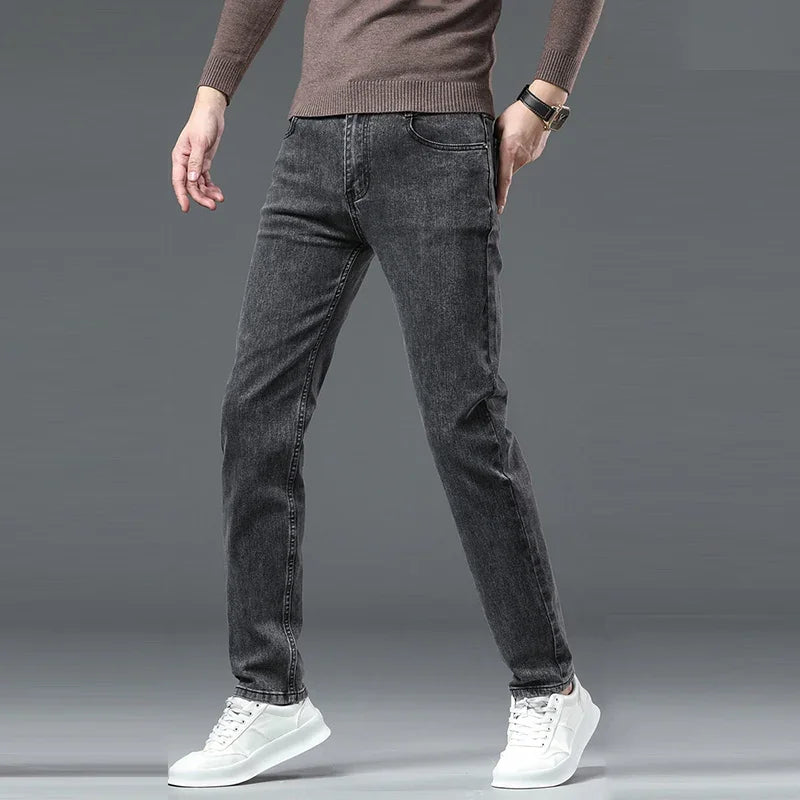 Men Casual Stretch Jeans Male 2025 New Fashion Classic Business Straight Leg Smoke Gray Work Denim Trousers Brand Clothing
