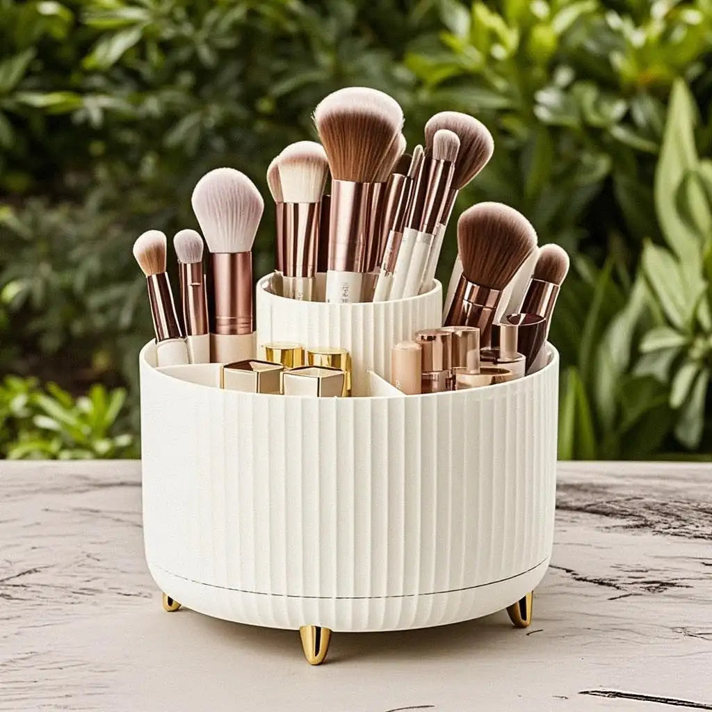 360° Rotating Makeup Organizer - 1pc Plastic Cosmetic Storage with 5 Compartments - Multi-Functional Holder for Brushes
