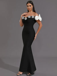 Women Celebrity Sexy Off Shoulder Flower Black Maxi Long Bodycon Bandage Dress 2024 Knitted Elegant Evening Club Party Outfit