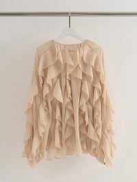 Spring Solid Ruffle Blouse Women 2025 New V Neck Single Breasted Long Sleeve Blouses Vintage Fashion Casual Shirt Tops Female