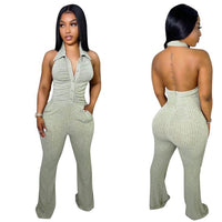 Casaul Women Jumpsuit Knit Ribbbed Backless Halter With Bottom Solid Color Streetwear Long Romper Women Jumpsuit Overalls