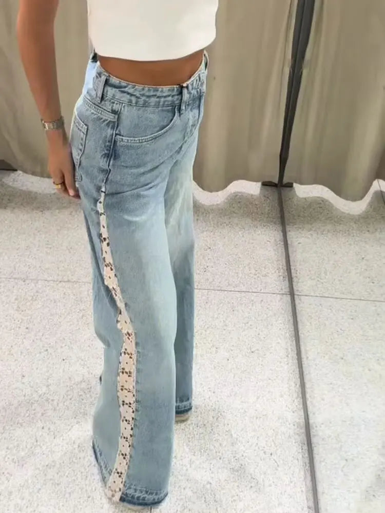 HH Jeans For Women New Fashion Crocheted Patchwork Denim Pants High Waist Zipper Fly Trousers High Street Lady Chic Jeans