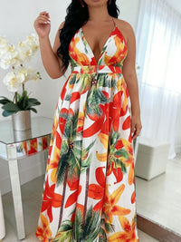 Plus Size Women's Dress Halter Neck Deep V Tropical Print High Waist Maxi Dress Boho Spring Summer Beach Vacation Light Dress