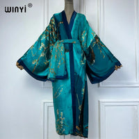 WINYI Kimono Women Summer fashion Print Long Sleeve Cardigan Female Loose abaya Casual beach Cover Up boho dress with scarf