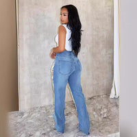 Ripped Jeans for Women Straight Pants Diamonds Chain Stretch Distressed High Waist Floor Length 2025 Streetwear Denim Trousers
