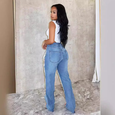 Ripped Jeans for Women Straight Pants Diamonds Chain Stretch Distressed High Waist Floor Length 2025 Streetwear Denim Trousers