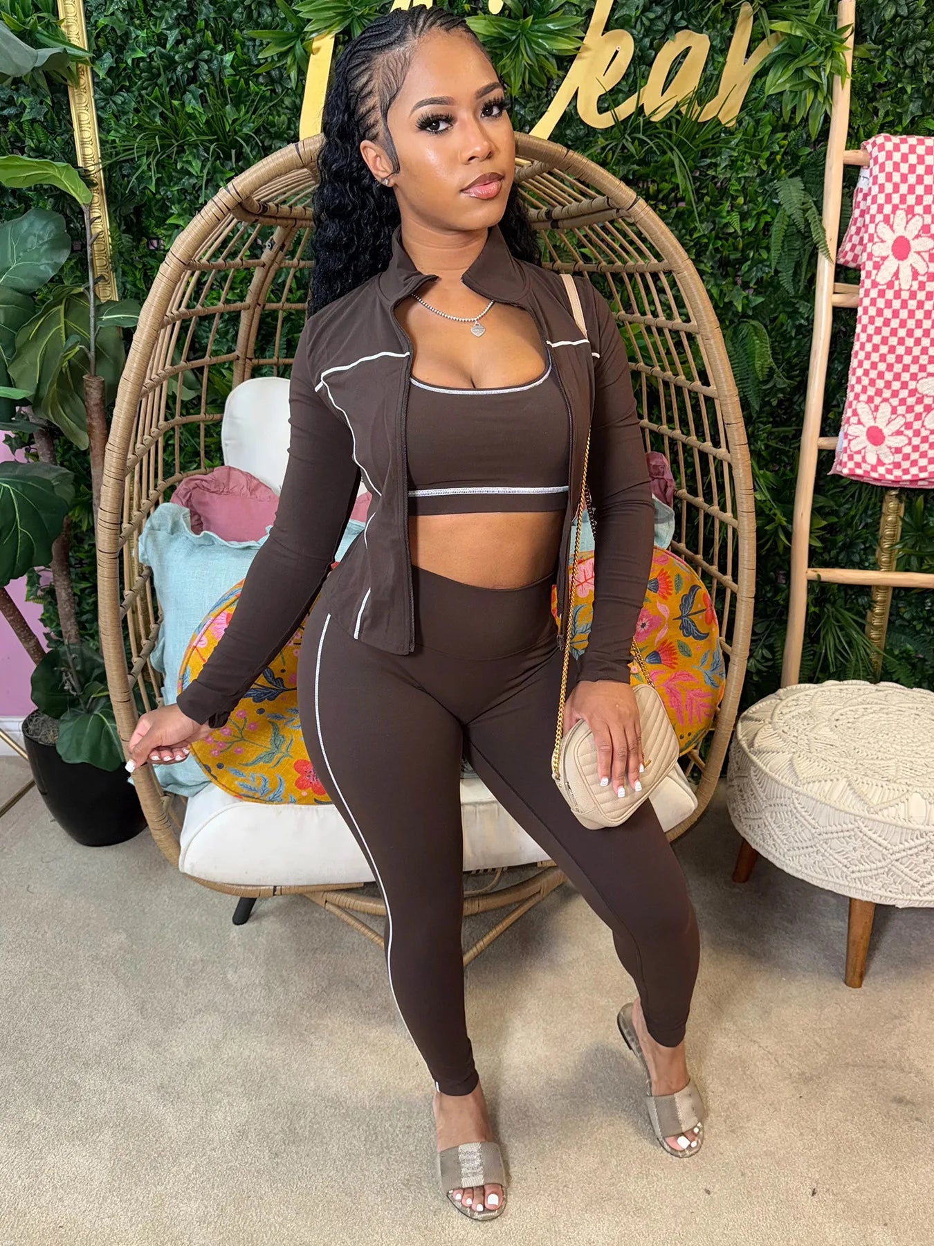 FAGADOER Autumn New Fashion Sports 3 Piece Sets Woman Outfit Stripe Patchwork Long Sleeve Zipper Tops + Pants Female Streetwear