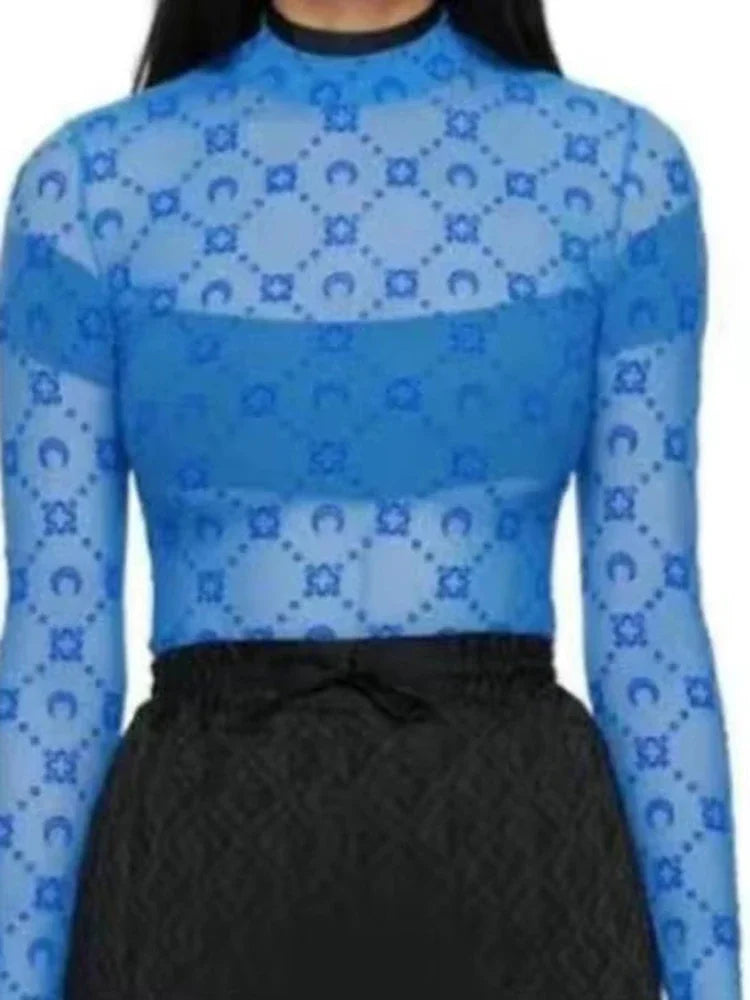 Spring Fashion and Sexy Perspective Women's Pullover Mesh T-Shirt New Semi High Neck Long Sleeved Slim Fit Elastic Women T-Shirt
