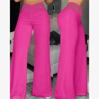 High Waist Sheer Mesh Patch Wide Leg Pants Women's Casual Trousers Polyester Long Pants Versatile Style Regular Thickness