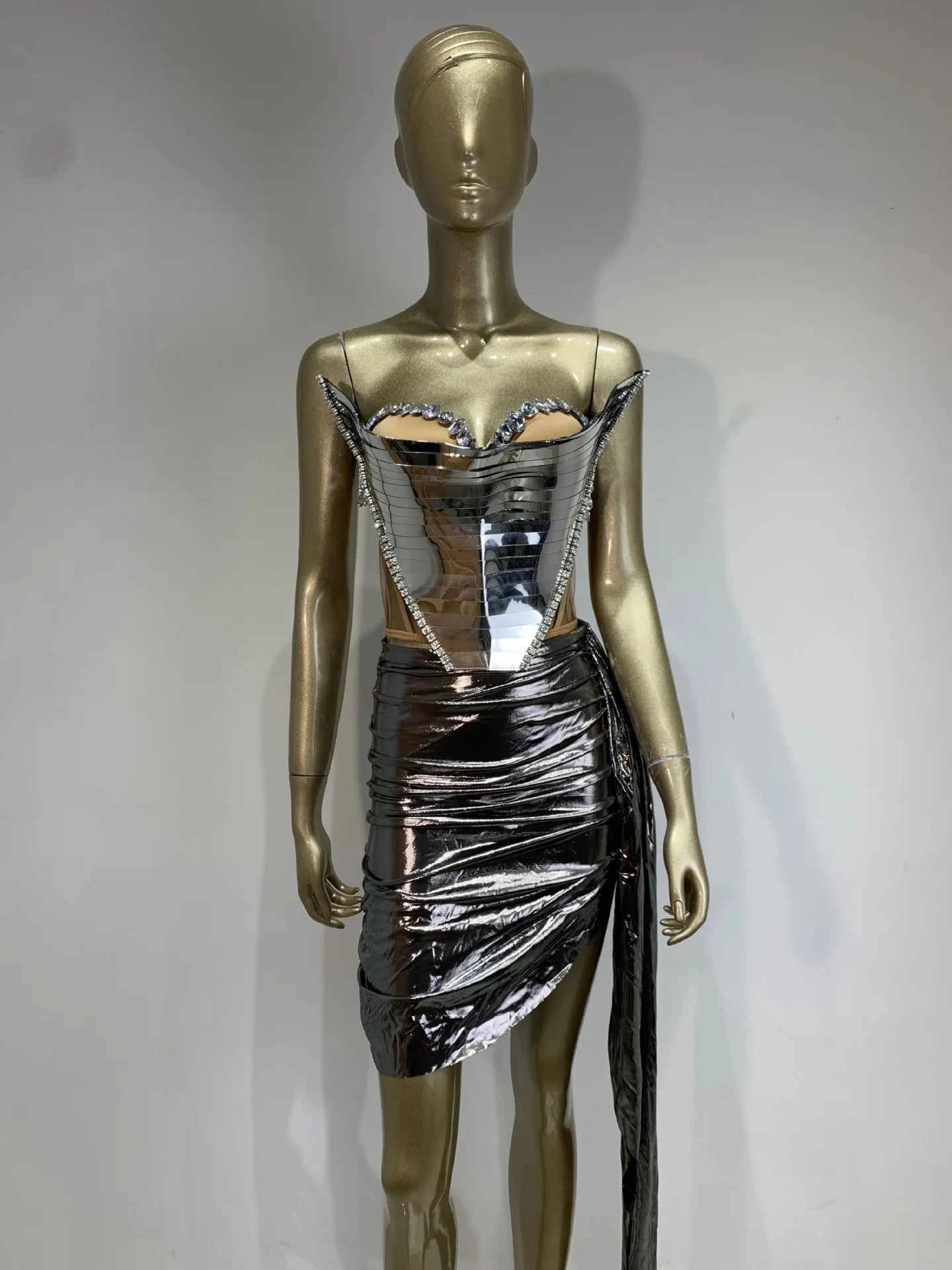 Women Baddie Outfit Gold Silver Two Pieces Skirt Sets Special Occassion Y2K Topic Evening Party Club Nightwears Stage Costumes
