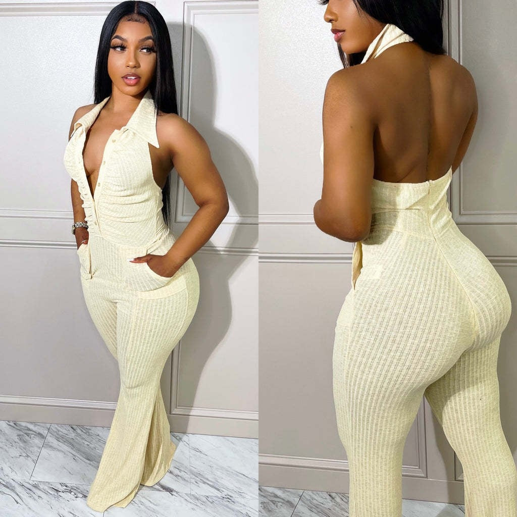 Casaul Women Jumpsuit Knit Ribbbed Backless Halter With Bottom Solid Color Streetwear Long Romper Women Jumpsuit Overalls