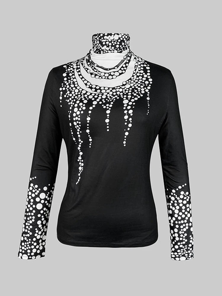 Gymystars Long Sleeve T Shirt Skinny Printed Tops for Women New Autumn High-Neck Slim Fit Clothes Black Wear Base Layer Outside