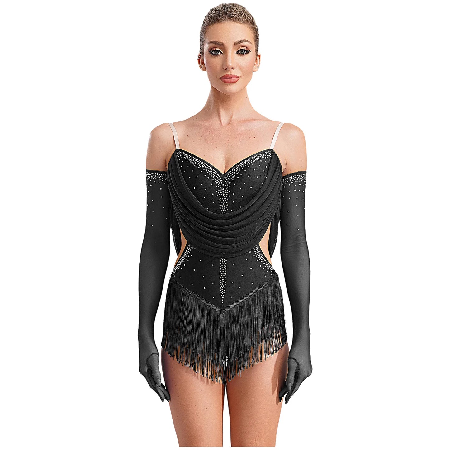 Womens Tassel Jazz Latin Dance Leotard Dress Glittery Rhinestones Adjustable Straps Cutout Fringed Bodysuit with Gloves