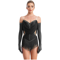 Womens Tassel Jazz Latin Dance Leotard Dress Glittery Rhinestones Adjustable Straps Cutout Fringed Bodysuit with Gloves