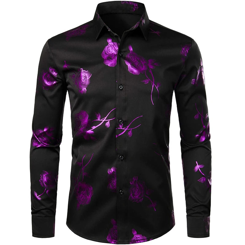 2024 New Men's Gold Shirt 3D Rose Print Slim Fit Button-Down Party Dress Shirt Athleisure Fashion Comfortable Long Sleeve