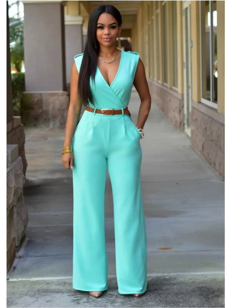 Women's Sexy Deep V Neck Sleeveless Solid Color Jumpsuit Fashion Slim Wrap Hip Elegant Female  Party Office Jumpsuit (with Belt)