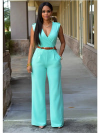 Women's Sexy Deep V Neck Sleeveless Solid Color Jumpsuit Fashion Slim Wrap Hip Elegant Female  Party Office Jumpsuit (with Belt)