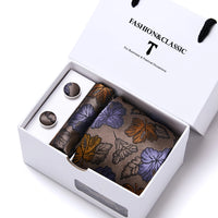 High Quality 7.5 cm Stripe Blue Tie Pocket Square Cufflinks Set For Men Gift Box Wedding Gravatas Fit Workplace