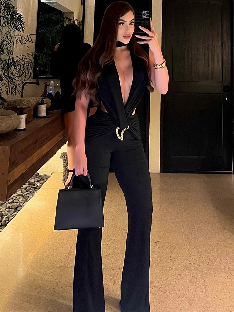 Kliou Sexy Fashion Jumpsuits Woman Deep V-Neck Sleeveless Metal Buckle Ruched Cross Bandage Midnight Prom Party Elegant Overalls