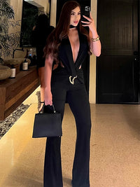 Kliou Sexy Fashion Jumpsuits Woman Deep V-Neck Sleeveless Metal Buckle Ruched Cross Bandage Midnight Prom Party Elegant Overalls