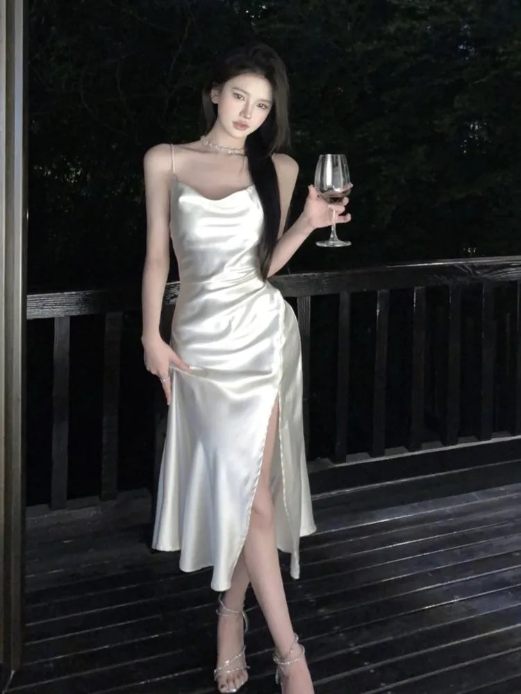 Elegant Party Dress For Women 2023 Satin Solid High Split Swinging Collar Spaghetti Strap Korean Chic Fashion Evening Dresses