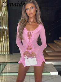 Summer Mesh Long Sleeve Bandage Dress Mini Ruffles Women's V Neck Sexy Bodycon Dresses Party Beach Evening Outfit