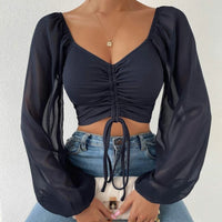 Sexy Mesh Lantern Sleeves Drawstring Wrap Chest Bare Midriff T Shirt Women Long Sleeves Bottoming Shirt Ladies Tee Shirt Tops