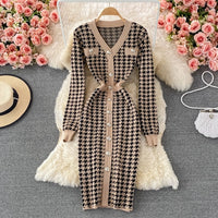 Sexy Elegant Temperament V-neck Hit Color Dress Office Lady Single-breasted Houndstooth Dress