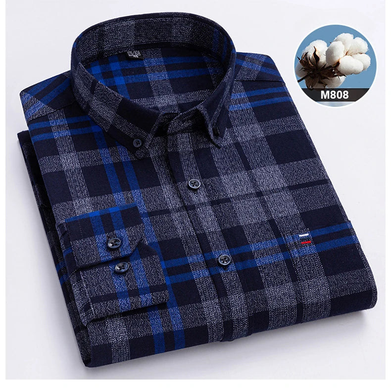 New in shirtplus size 7XL 100%cotton sanding long-sleeve shirts for men slim fit plain shirt striped plaid single pocket clothes
