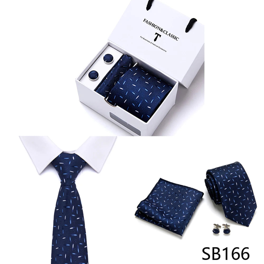 High Quality 7.5 cm Stripe Blue Tie Pocket Square Cufflinks Set For Men Gift Box Wedding Gravatas Fit Workplace