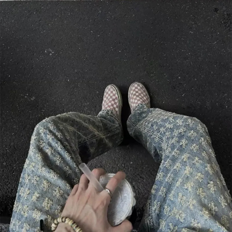 European American Men's Summer Jacquard All-over Printed American Jeans Thin Slim Fit Straight-leg Bootcut Pants