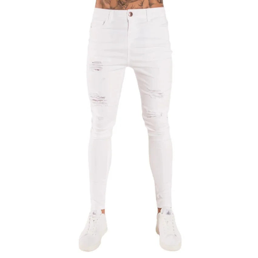 2023 Fashion Street Style Ripped Skinny Jeans Men Vintage wash Solid Denim Trouser Mens Casual Slim fit Black Blue denim Pants