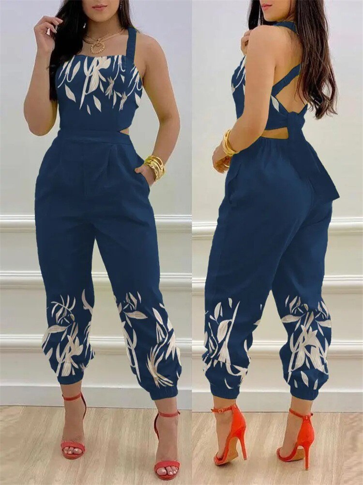 Sexy Cutout Jumpsuit Women's 2023 Summer New Fashion Blue Bra V-Neck Sleeveless Pocket Casual Jumpsuit Y2K Streetwear