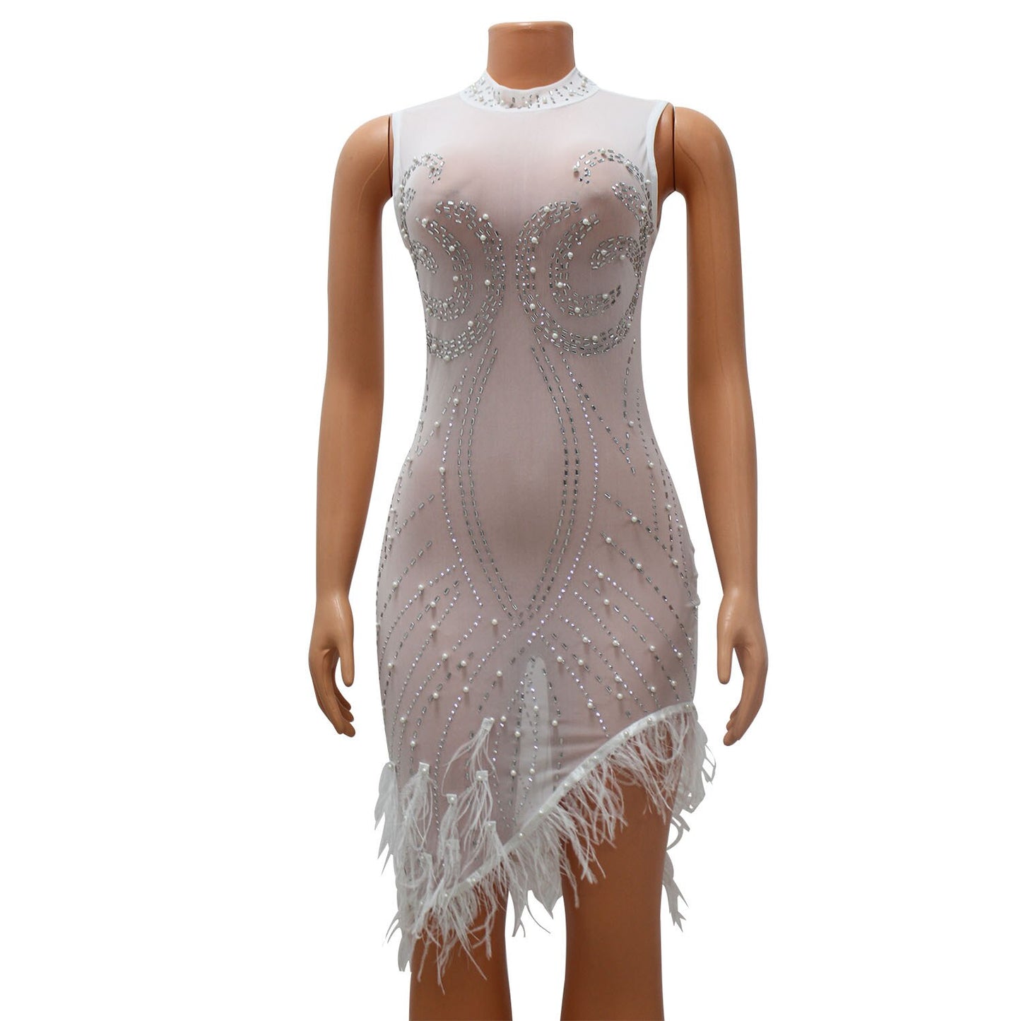 Women Sexy Mesh Rhinestone Dresses Sleeveless Mesh See Though Diamonds Tassel Short Dresses Bodycon Female Nightclub Party Dress