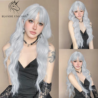 Blonde Unicorn Synthetic Long Wavy Wig Ombre Purple to Blue for Woman Cosplay Halloween Wigs Heat Resistant Fiber Bangs Hair