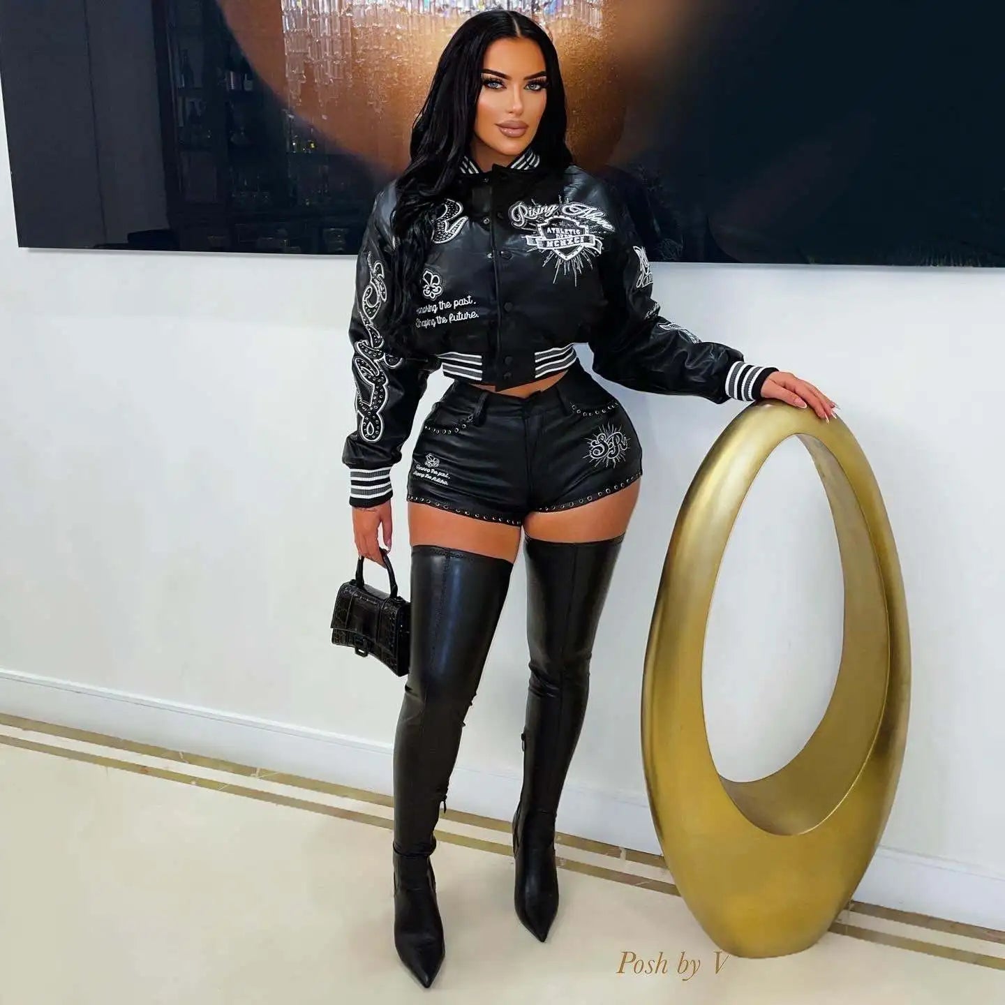 Leather Baseball Embroidery Jacket 2 Piece Pant Set Outfits Y2K Streetwear Women Winter Sexy PU Jackets Coat Two Piece Pant Sets
