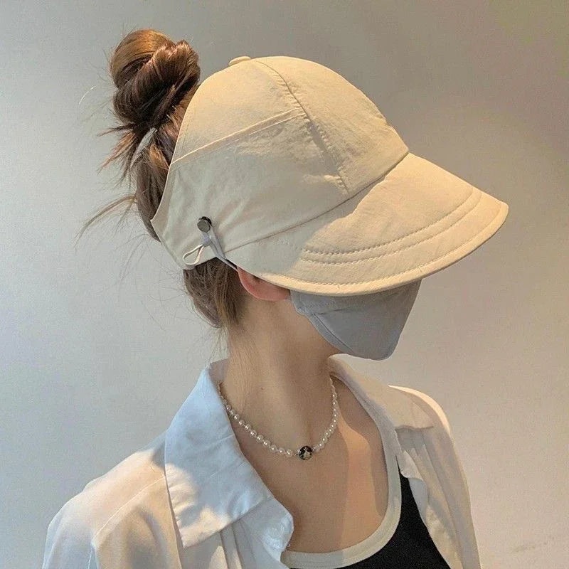 1× Foldable Wide Brim Ponytail Sun Hat Summer Autumn Outgoing UV Protection Bucket Hat for Women Fisherman Caps with Mask Button